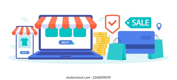 Ecommerce vector illustration, online shopping, phone, laptop, Small and Medium Enterprise, business concept. smartphone with hood, shopping bag and coin next to screen. suitable for many purposes.