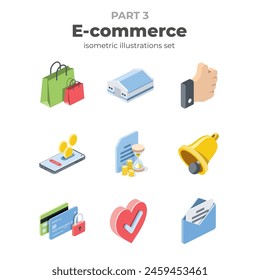 E-commerce. Vector isometric, color web icons, 3d flat style. Creative illustrations design, graphic idea for infographics.