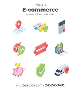 E-commerce. Vector isometric, color web icons, 3d flat style. Creative illustrations design, graphic idea for infographics.