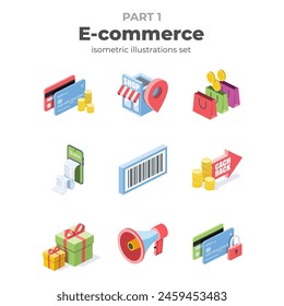 E-commerce. Vector isometric, color web icons, 3d flat style. Creative illustrations design, graphic idea for infographics.