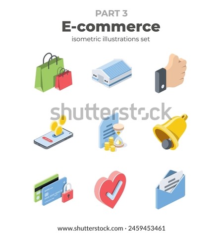 E-commerce. Vector isometric, color web icons, 3d flat style. Creative illustrations design, graphic idea for infographics.
