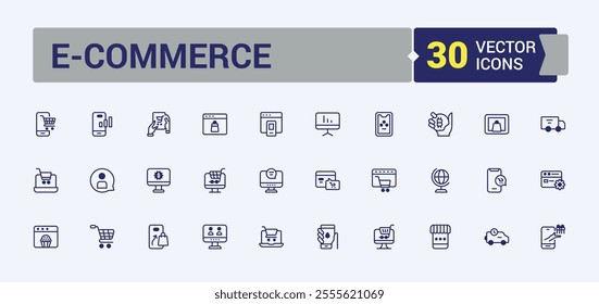 E-Commerce vector line icon set. Featuring commerce, purchase, e-commerce, shipping, e-business and more. Outline icon collections. Editable vector outline and solid icons.