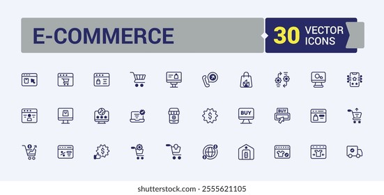 E-Commerce vector line icon set. Featuring commerce, purchase, e-commerce, shipping, e-business and more. Outline icon collections. Editable vector outline and solid icons.