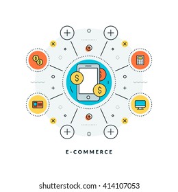 E-commerce. Vector thin line business concept. Flat style illustration for website banner or promotional materials. Line icons and design elements