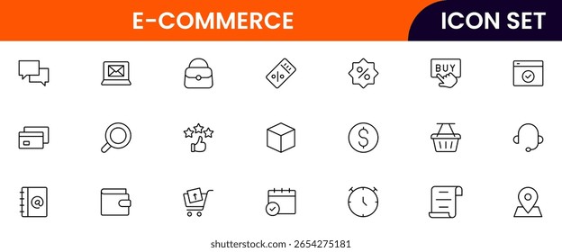E-commerce vector web line icon collection, sleek illustrations of carts, payments, products, online shopping for vibrant, digital marketplace designs.