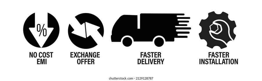 E-commerce Vectro Icon Set: No Cost EMI, Exchange Offer, Faster Delivery And Faster Installation