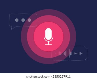 eCommerce Voice Search concept. Screenless AI Voice Recognition Technology. Virtual Assistant with voice search vector illustration isolated on dark background with icons