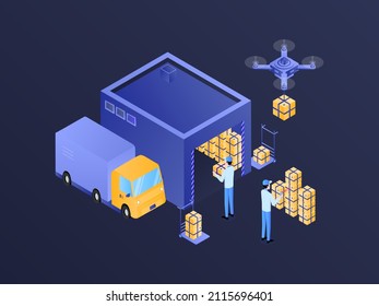 E-Commerce Warehouse Isometric Illustration Dark Gradient. Suitable for Mobile App, Website, Banner, Diagrams, Infographics, and Other Graphic Assets.