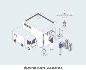 E-Commerce Warehouse Isometric Illustration Lineal Gray. Suitable for Mobile App, Website, Banner, Diagrams, Infographics, and Other Graphic Assets.