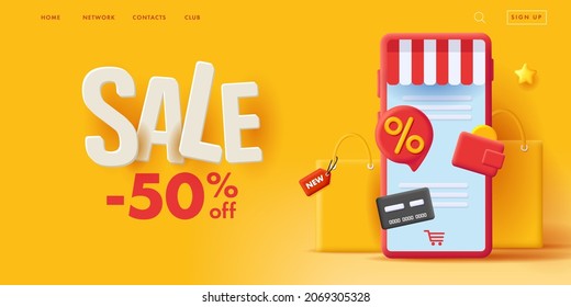 Ecommerce web banner with 3d smartphone illustration with shopping bags, wallet and credit card icons pump out of screen with typography sale copy