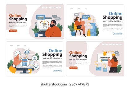 E-commerce web banner or landing page set. Online shopping, character purchasing goods on a website or marketplace. Order or purchase payment, shipping or delivery. Flat vector illustration