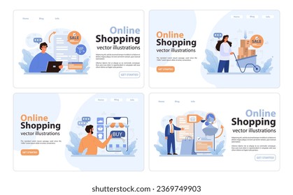 E-commerce web banner or landing page set. Online shopping, character purchasing goods on a website or marketplace. Order or purchase payment, shipping or delivery. Flat vector illustration