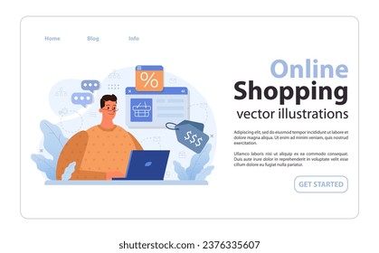E-commerce web banner or landing page. Online shopping, male character purchasing goods on a online store website or marketplace. Order or purchase payment and delivery. Flat vector illustration