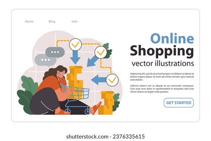 Banner web o página de inicio de comercio electrónico. Compras en línea, personajes con productos comprados. Tienda en línea o carrito de compras en el mercado. Solicitar pago, envío o entrega. Ilustración vectorial plana