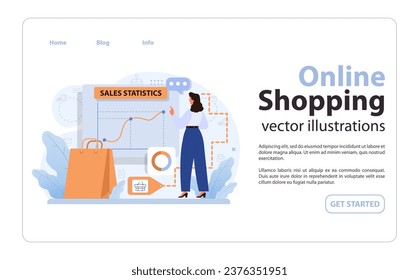 E-commerce web banner or landing page. Entrepreneur selling goods on digital trade platform. Management, market and sales analysis. Statistical information research. Flat vector illustration