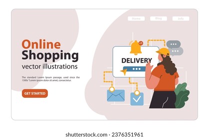 E-commerce web banner or landing page. Female character shopping online. Woman purchasing goods on a website or marketplace. Order' shipping or delivery notification. Flat vector illustration