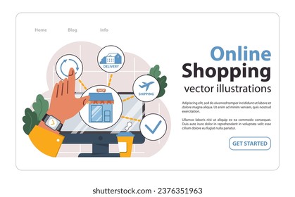 E-commerce web banner or landing page. Online shopping, character purchasing goods on a website or marketplace. Order or purchase payment, shipping or delivery. Flat vector illustration