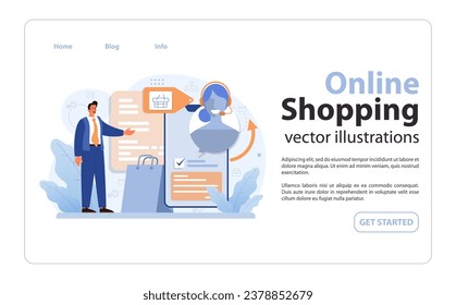 E-Commerce Web-Banner oder Landing-Seite. Unternehmer, die Waren verkaufen und Gewinne auf der digitalen Handelsplattform erzielen. Markenentwicklung und Online-Werbung. Flache Vektorgrafik