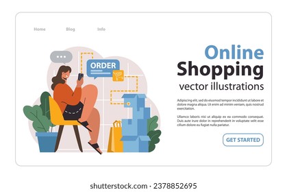 E-commerce web banner or landing page. Female character shopping online. Woman purchasing goods on a website or marketplace. Order or purchase payment, shipping or delivery. Flat vector illustration