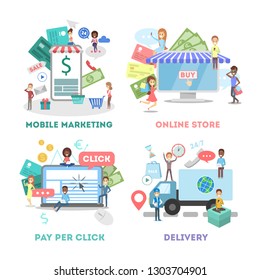 E-commerce web banner set. Online shopping and mobile marketing. PPC technology and delivery. Electronic money. Flat vector illustration