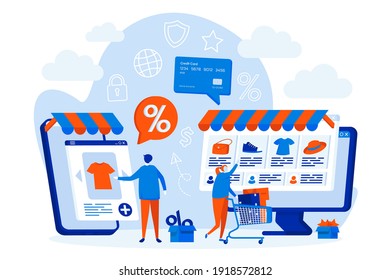 E-commerce web design concept with people characters. Customers shopping online scene. E-commerce distribution composition in flat style. Vector illustration for social media promotional materials.