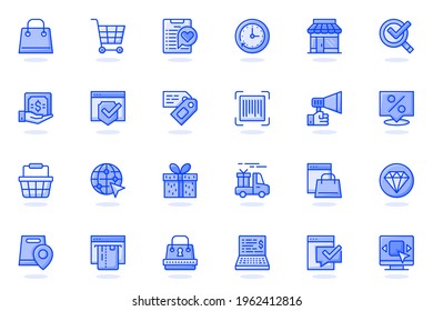 E-commerce web flat line icon. Bundle outline pictogram of shopping, store, discount, sale, cart, delivering, gift, payment, marketing concept. Vector illustration of icons pack for website design
