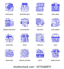 E-Commerce web flat line icons set. Pack outline pictogram of shopping, discount, payment, new label, order, 24h support shop concept. Vector illustration of symbols for website mobile app design