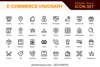 E-Commerce web icon collection in line design. Online store, digital marketing, product review, shopping bag, discounts, order tracking, mobile checkout. Vector illustrations.