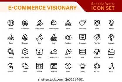 Colección de ícono de Web de comercio electrónico en diseño de línea. Tienda en línea, marketing digital, revisión de productos, bolso de compras, descuentos, seguimiento de pedidos, Completar compra móvil. Ilustraciones vectoriales.