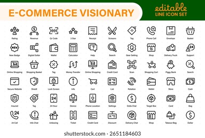 Coleção de ícones da Web para e-Commerce em design de linha. Loja on-line, marketing digital, avaliação de produtos, sacola de compras, descontos, rastreamento de pedidos, checkout móvel. Ilustrações vetoriais.