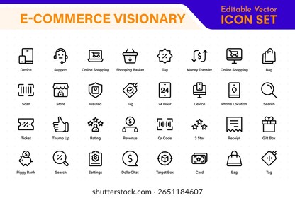 E-Commerce web icon collection in line design. Online store, digital marketing, product review, shopping bag, discounts, order tracking, mobile checkout. Vector illustrations.