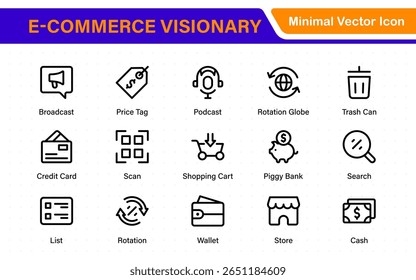 Colección de ícono de Web de comercio electrónico en diseño de línea. Tienda en línea, marketing digital, revisión de productos, bolso de compras, descuentos, seguimiento de pedidos, Completar compra móvil. Ilustraciones vectoriales.