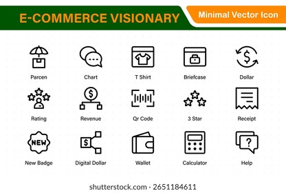 E-Commerce web icon collection in line design. Online store, digital marketing, product review, shopping bag, discounts, order tracking, mobile checkout. Vector illustrations.