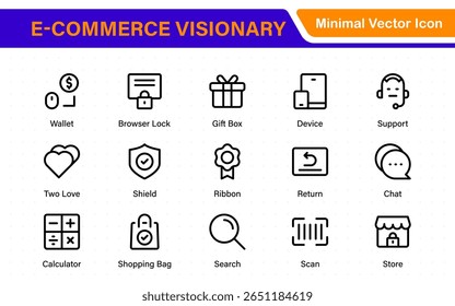Colección de ícono de Web de comercio electrónico en diseño de línea. Tienda en línea, marketing digital, revisión de productos, bolso de compras, descuentos, seguimiento de pedidos, Completar compra móvil. Ilustraciones vectoriales.