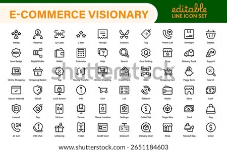 E-Commerce web icon collection in line design. Online store, digital marketing, product review, shopping bag, discounts, order tracking, mobile checkout. Vector illustrations.