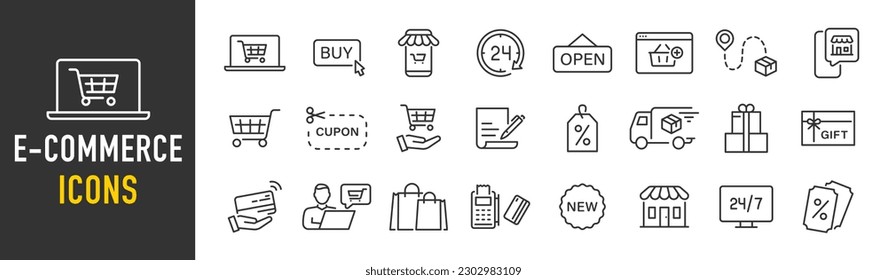 E-commerce web icons in line style. Online shopping, delivery, tracking, customer service, price, sale collection. Vector illustration.