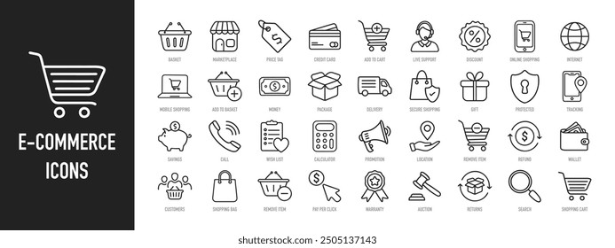 E-commerce web icons in line style. Online shopping, delivery, customer, money, store, promotion, wallet, price tag, cart, gift box. Vector illustration.