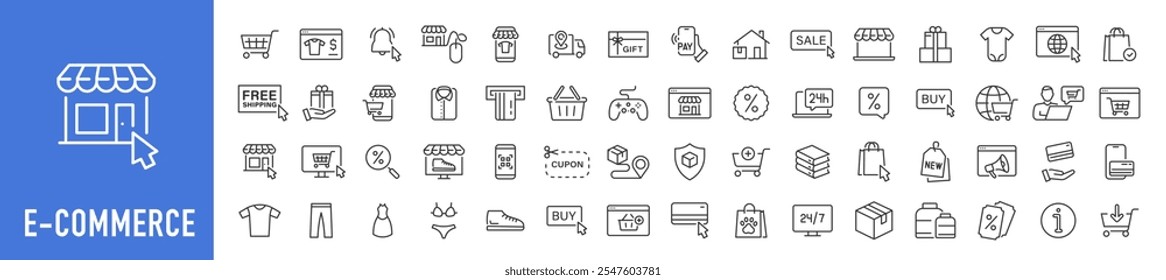 Ícones da Web de comércio eletrônico no estilo de linha. Compras on-line, marketing digital, entrega, cupom, loja, desconto, cartão bancário, presentes, coleção de lojas. Ilustração vetorial.