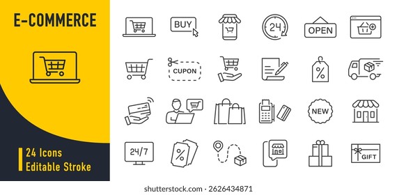 E-commerce web icons in line style. Online shopping, delivery, tracking, customer service, price, sale collection. Vector illustration.	
