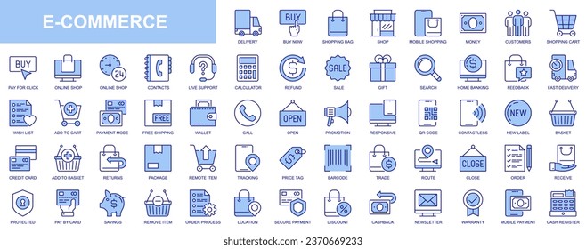 E-commerce web icons set in blue line design. Pack of mobile shopping, delivery, payment, feedback, add to cart, wish list, refund, sales, tracking package and other. Vector outline stroke pictograms