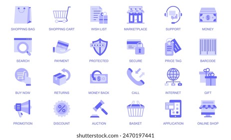 Iconos web de comercio electrónico establecidos en diseño plano de duotono. Pack pictogramas con bolso de compras, wishlist, marketplace, Asistencia, dinero, pago, etiqueta de Precio, código de barras, promoción, descuento, otro. Ilustración vectorial.