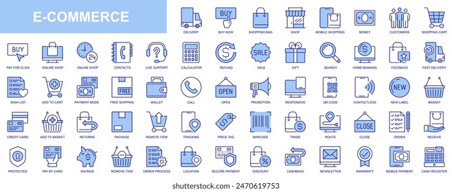 Iconos web de comercio electrónico establecidos en diseño de trazo de contorno de duotono. Pack pictogramas con compras, entrega, Clientes, Asistencia en línea, reembolso, venta, regalo, banca, lista de deseos, pago. Ilustración vectorial.