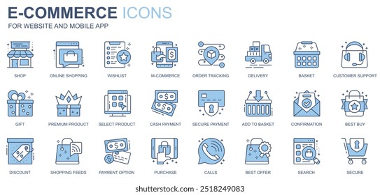 E-commerce web icons set in duotone line design. Pack of shop, online shopping, wishlist, order tracking, delivery, basket, customer support, gift, other outline stroke pictograms. Vector illustration