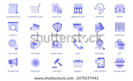 E-commerce web icons set in duotone flat design. Pack pictograms with shopping bag, wishlist, marketplace, support, money, payment, price tag, barcode, promotion, discount, other. Vector illustration.