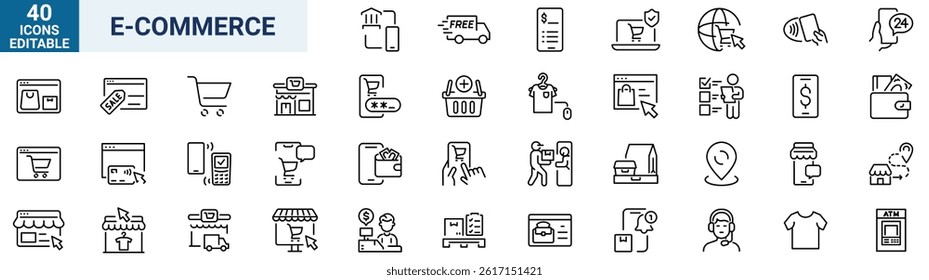 E-commerce web line icon set. Shopping icons. E-commerce, online shopping, delivery, store, marketing, money, marketplace. Vector illustration.