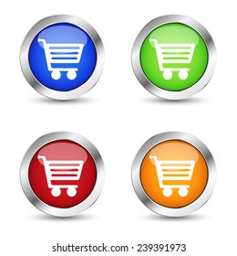 E-commerce and web online shopping buttons set with shopping basket symbol and icons on colorful silver badge vector EPS 10 illustration isolated on white background.