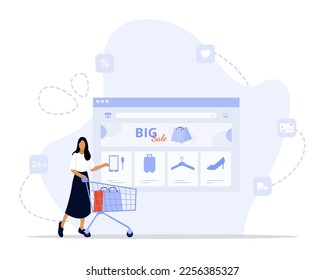 Ilustración del concepto de la página web de Ecommerce.  Concepto de Ilustración Vectorial plana de diseño de página web para sitio web de tiendas de comercio electrónico en línea