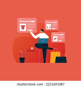 Ecommerce web page and Online Shopping illustration, Person making Online Wish List and Product Listing