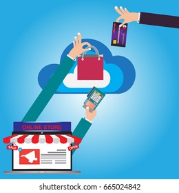 E-Commerce web site of online shop for buy and sale from customer with payment online via internet - Hand holding shopping bag , credit card and EDC (Electronic Data Capture)