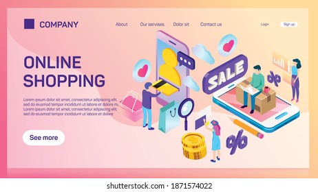 E-commerce web site template. Internet shopping web market and online store flat color horizontal